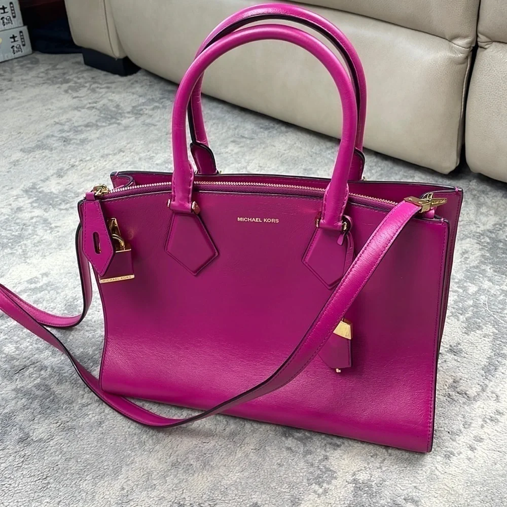 Michael Kors Collection Casey Large Leather Satchel Purse Padlock Bright Pink
